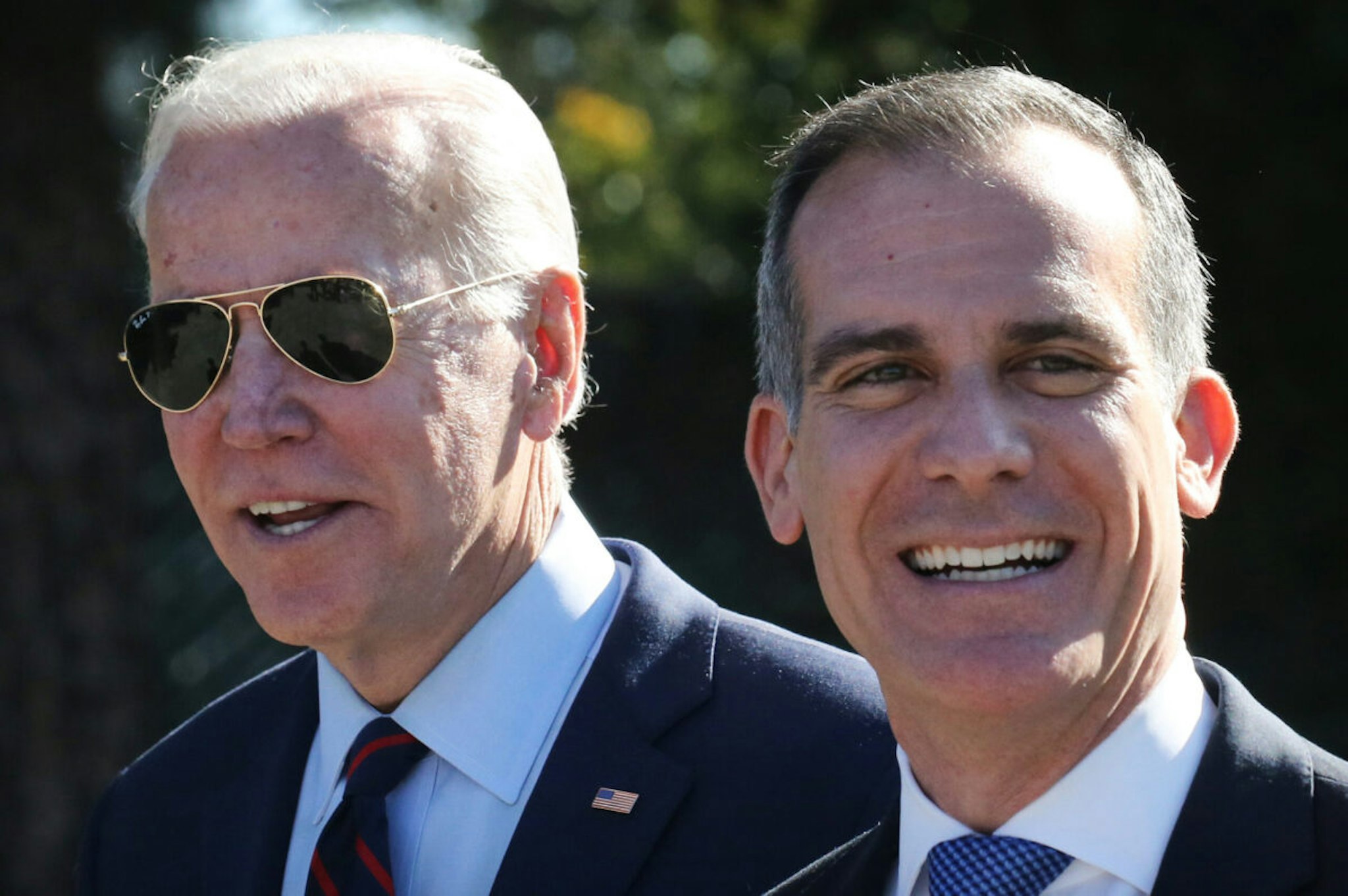 Democratic presidential candidate former U.S. Vice President Joe Biden (L) walks with Los Angeles Mayor Eric Garcetti at a campaign event at United Firefighters of Los Angeles City on January 10, 2020 in Los Angeles, California.