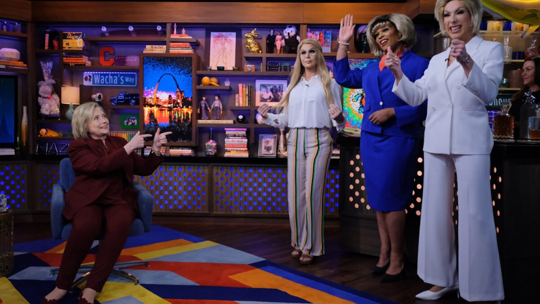 WATCH WHAT HAPPENS LIVE WITH ANDY COHEN -- Episode 17043 -- Pictured: (l-r) Hillary Rodham Clinton, Hillary drag queens, Nanette Burstein
