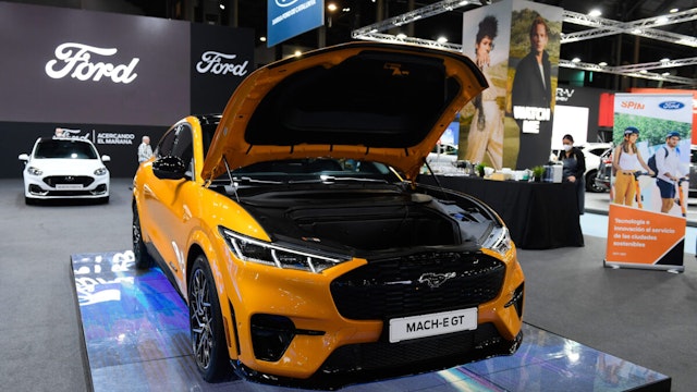 BARCELONA, SPAIN - SEPTEMBER 30: Ford Mach-E GT car model is being displaced at the Automobile Barcelona International Motor Show in Barcelona, Spain on September 30, 2021.
