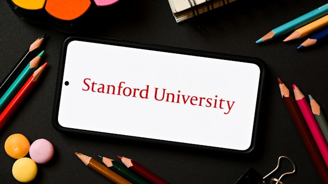 POLAND - 2022/12/17: In this photo illustration a Stanford University logo seen displayed on a smartphone. (Photo Illustration by Mateusz Slodkowski/SOPA Images/LightRocket via Getty Images)