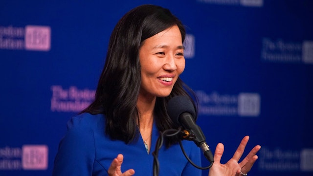 Boston, MA - January 31: Boston Mayor Michelle Wu speaking during an event honoring Bostons most Influential Asian American Pacific Islanders at the Boston Foundation offices.