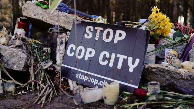 A makeshift memorial for environmental activist Manuel Teran, who was deadly assaulted by law enforcement during a raid to clear the construction site of a police training facility that activists have nicknamed "Cop City" near Atlanta, Georgia on February 6, 2023.