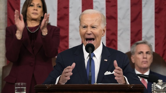U.S. President Joe Biden delivers the State of the Union address to a joint session of Congress as Vice President Kamala Harris and House Speaker Kevin McCarthy (R-CA) listen on February 7, 2023 in the House Chamber of the U.S. Capitol in Washington, DC.