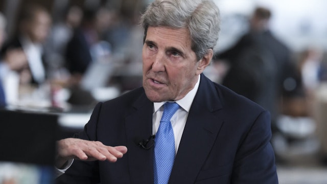 John Kerry, US special presidential envoy for climate, speaks during a Bloomberg Television interview at the 2023 CERAWeek by S&P Global conference in Houston, Texas, US, on Tuesday, March 7, 2023.