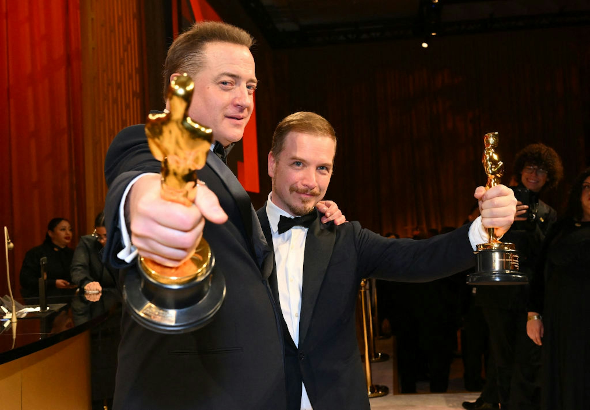 US actor Brendan Fraser (R), winner of the Oscar for Best Actor in a Leading Role for "The Whale", and Canadian makeup artist Adrien Morot, winner of the Oscar for Best Makeup and Hairstyling for "The Whale", attend the 95th Annual Academy Awards Governors Ball in Hollywood, California on March 12, 2023. (Photo by ANGELA WEISS / AFP) (Photo by ANGELA WEISS/AFP via Getty Images)