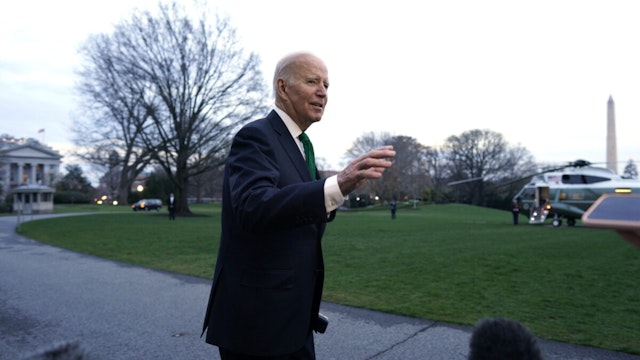 U.S. President Joe Biden speaks to members of the media on the South Lawn of the White House before boarding Marine One in Washington, DC, US, on Friday, March 17, 2023