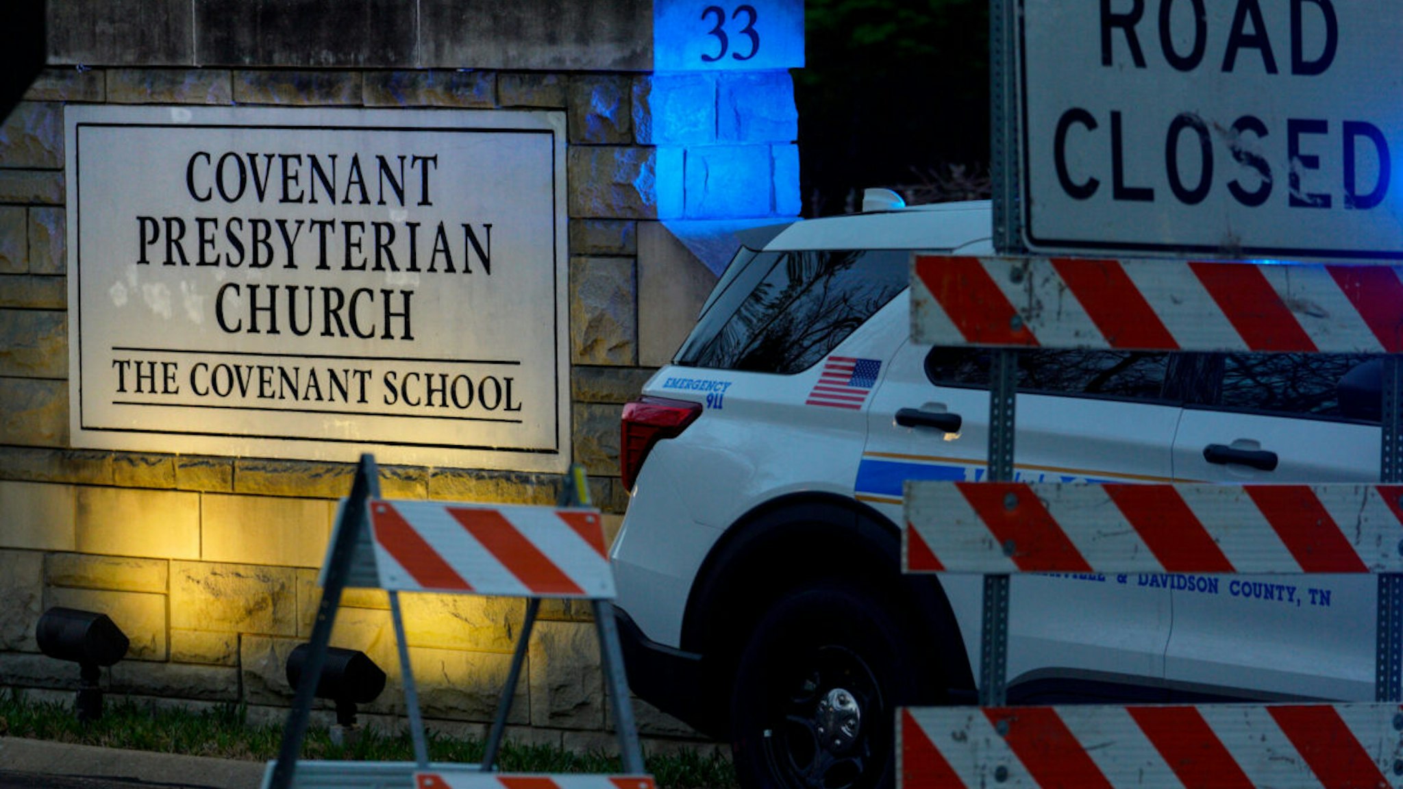 NASHVILLE, UNITED STATES - MARCH 27: Nashville police block the entrance of the Covenant School, a Presbyterian school associated with a church after three children and three adults were gunned down in Nashville, Tennessee, United States on March 27, 2023. The heavily armed female shooter was killed during a shootout with a five-member police team that engaged her on the second floor of the private Christian elementary school, authorities said.