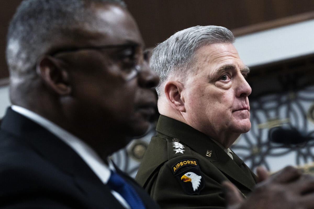 Gen. Mark Milley, right, chairman of the Joint Chiefs of Staff, and Defense Secretary Lloyd Austin, testify during the Senate Armed Services Committee hearing on the FY2024 for the Department of Defense and the Future Years Defense Program, in Dirksen Building on Tuesday, March 28, 2023.