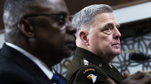 Gen. Mark Milley, right, chairman of the Joint Chiefs of Staff, and Defense Secretary Lloyd Austin, testify during the Senate Armed Services Committee hearing on the FY2024 for the Department of Defense and the Future Years Defense Program, in Dirksen Building on Tuesday, March 28, 2023.