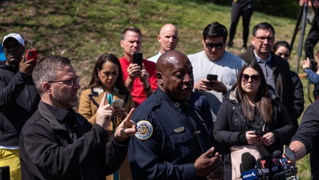 NASHVILLE, TN - MARCH 28: Chief of Police John Drake delivers a press briefing at the entrance of The Covenant School on March 28, 2023 in Nashville, Tennessee. According to reports, three students and three adults were killed by the 28-year-old shooter on Monday.