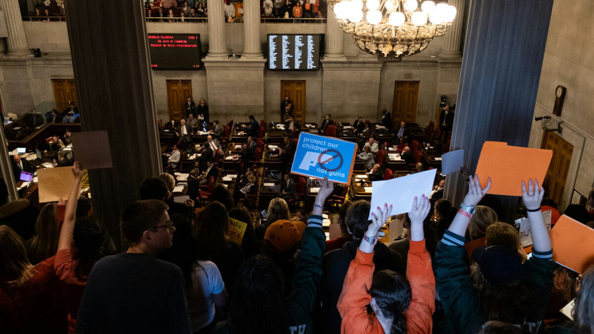 NASHVILLE, TN - MARCH 30: Protesters gather inside the Tennessee State Capitol to call for an end to gun violence and support stronger gun laws on March 30, 2023 in Nashville, Tennessee. A 28-year-old former student of the private Covenant School in Nashville, wielding a handgun and two AR-style weapons, shot and killed three 9-year-old students and three adults before being killed by responding police officers on March 27th.