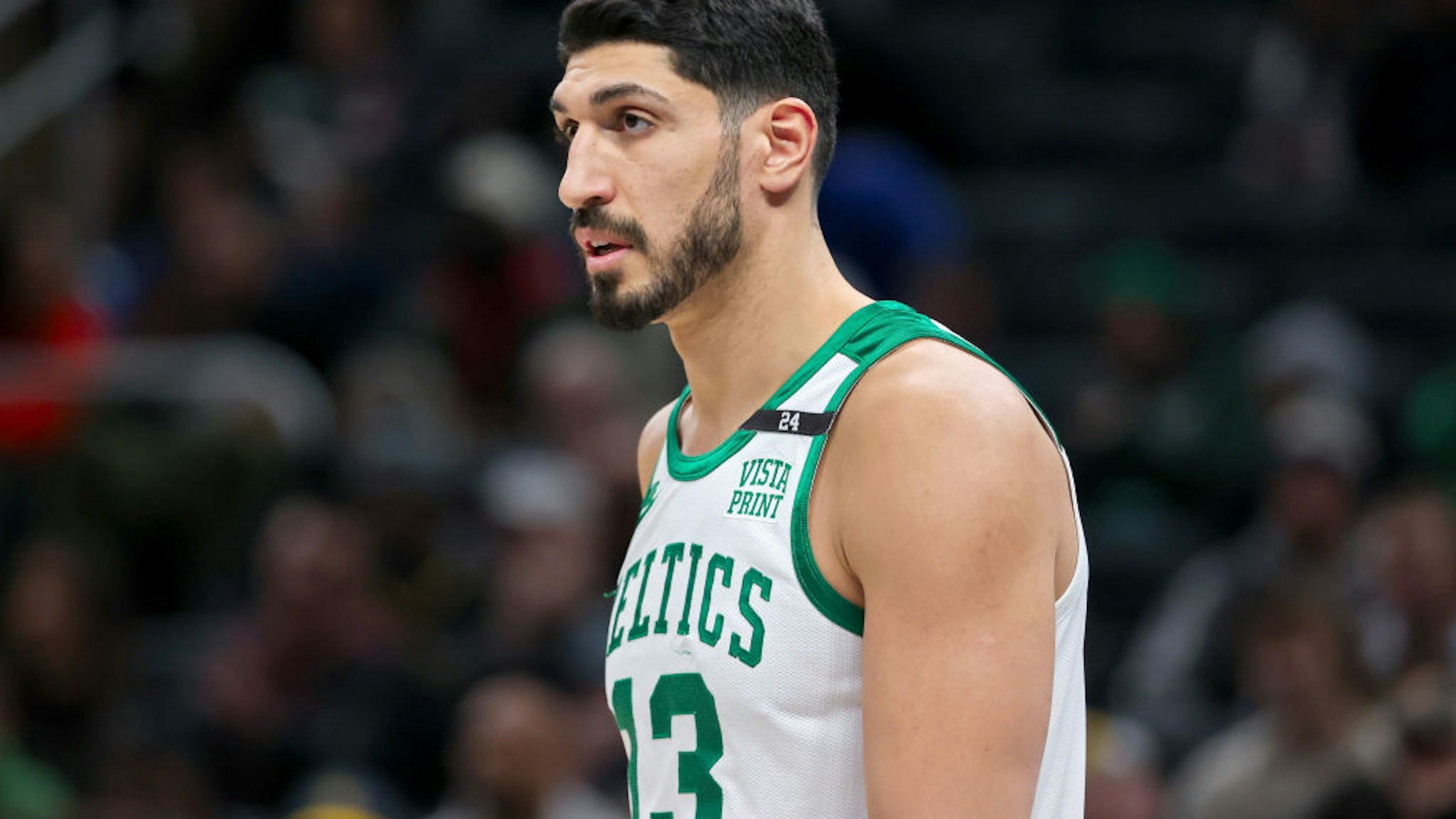 INDIANAPOLIS, INDIANA - JANUARY 12: Enes Freedom #13 of the Boston Celtics looks on in the third quarter against the Indiana Pacers at Gainbridge Fieldhouse on January 12, 2022 in Indianapolis, Indiana. NOTE TO USER: User expressly acknowledges and agrees that, by downloading and or using this Photograph, user is consenting to the terms and conditions of the Getty Images License Agreement. (Photo by Dylan Buell/Getty Images)