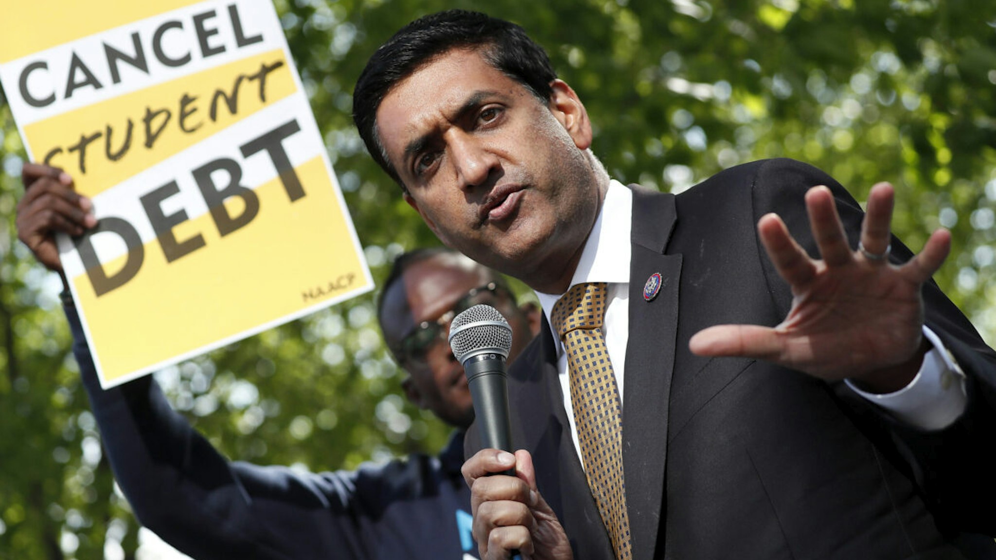 Rep. Ro Khanna (D-CA) joins student debtors to once again call on President Biden to cancel student debt at an early morning action outside the White House on April 27, 2022 in Washington, DC.