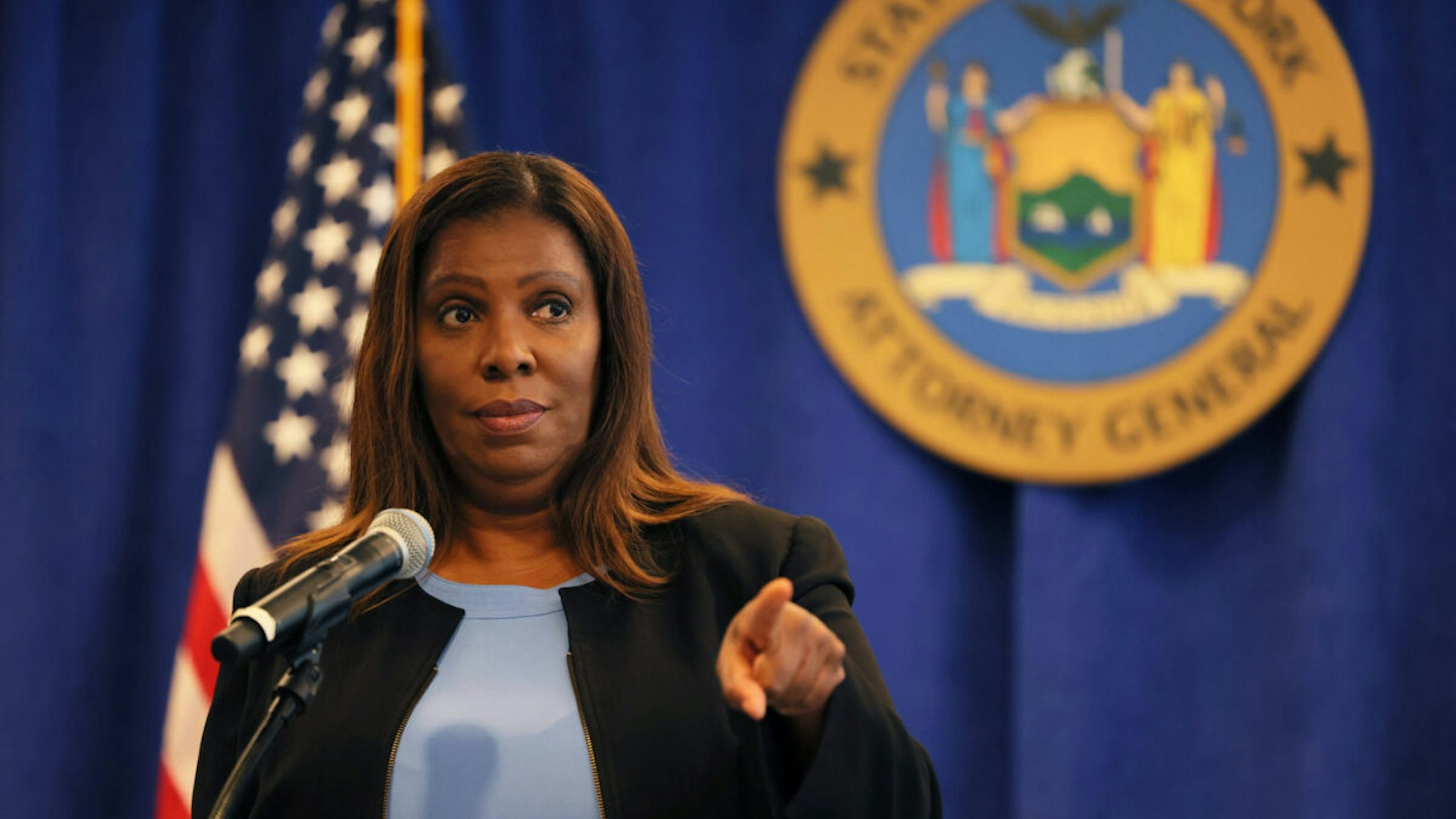 New York Attorney General Letitia James speaks during a press conference at the office of the Attorney General on July 13, 2022 in New York City.