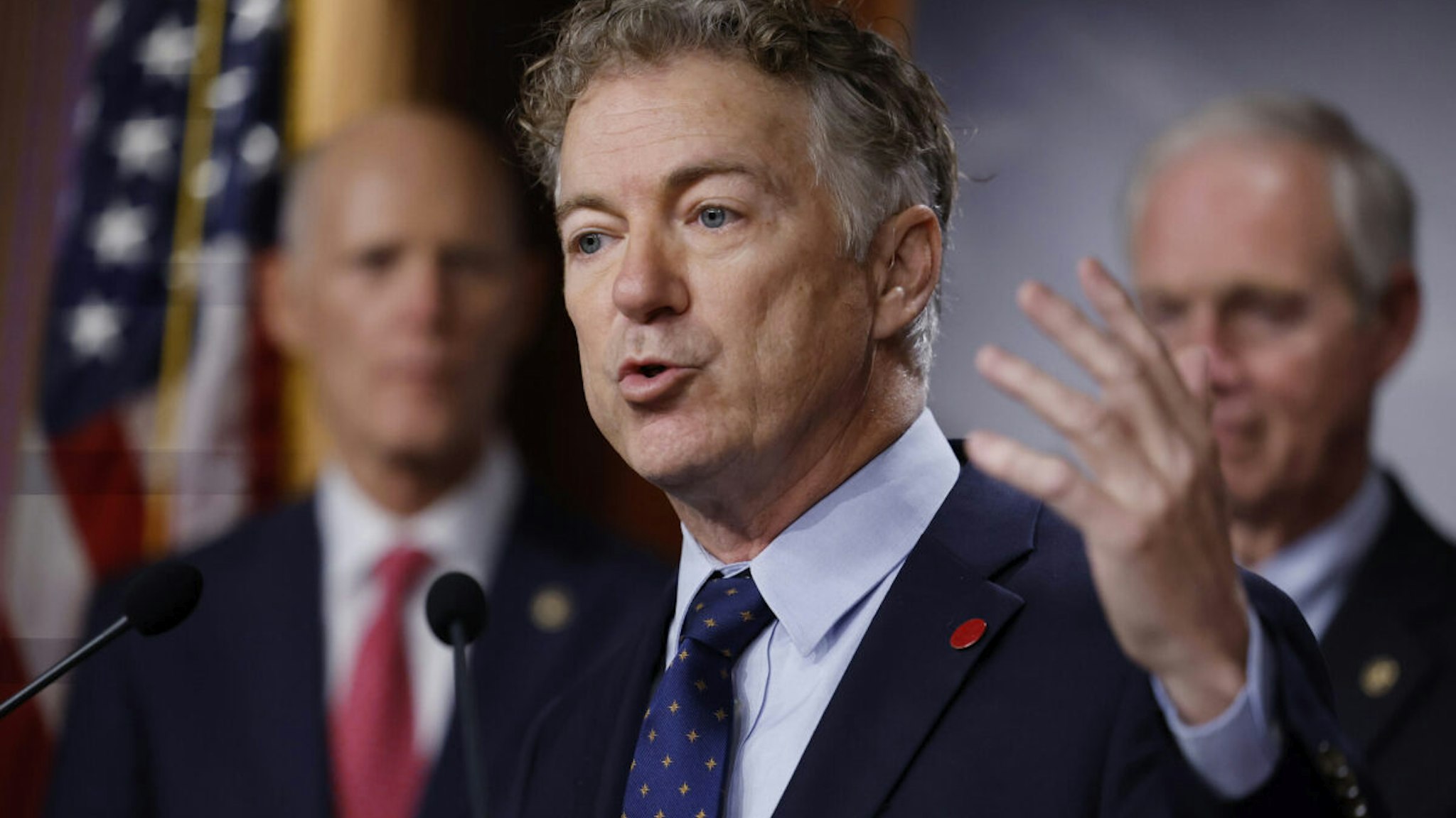 Sen. Rand Paul (R-KY) speaks against the federal omnibus spending legislation for FY 2023 that at a news conference with Sen. Rick Scott (R-FL) (L) and Sen. Ron Johnson (R-WI) at the U.S. Capitol on December 20, 2022 in Washington, DC.