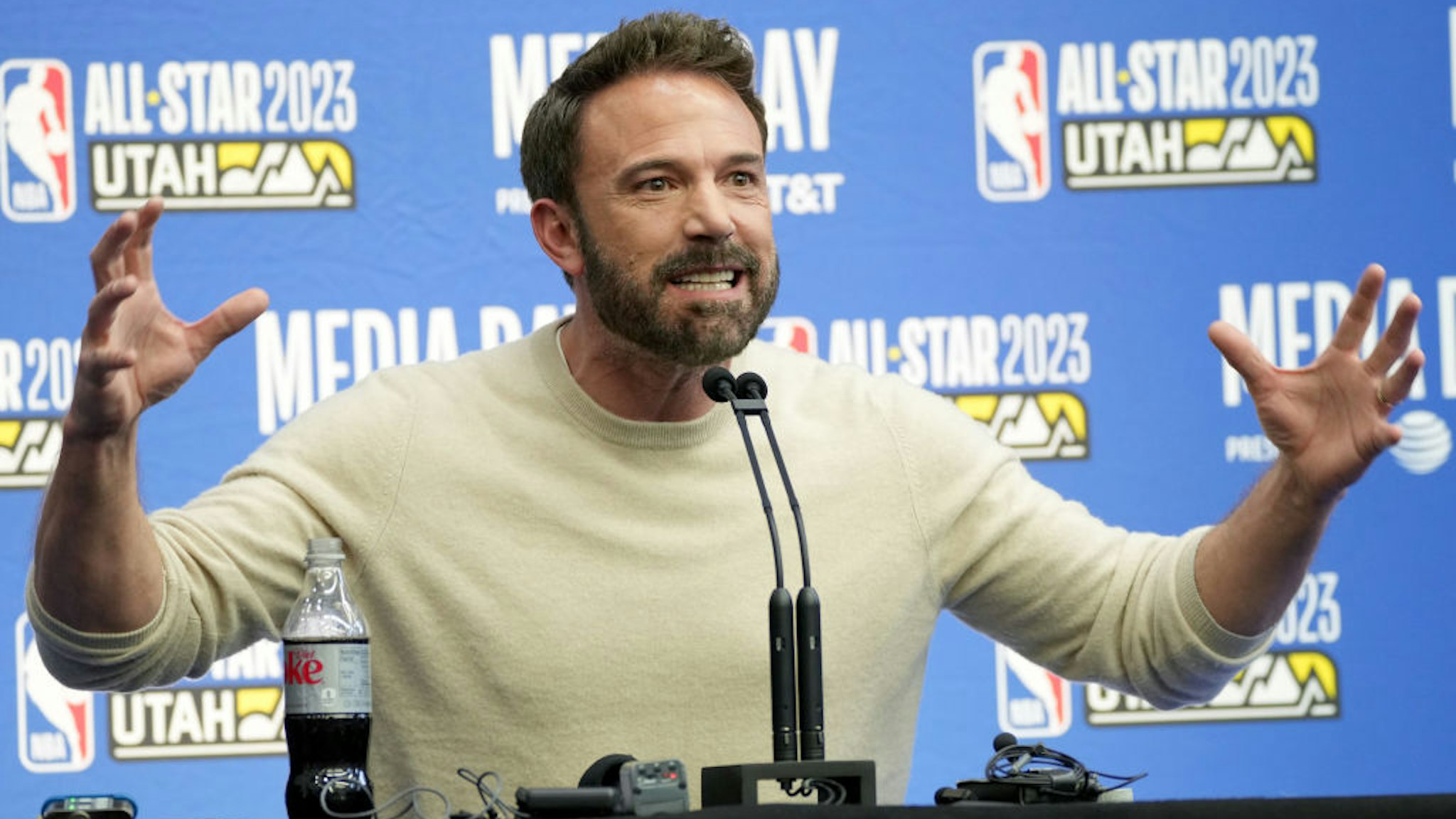 SALT LAKE CITY, UTAH - FEBRUARY 17: Ben Affleck speaks at the Ruffles Celebrity Game during the 2023 NBA All-Star Weekend at Vivint Arena on February 17, 2023 in Salt Lake City, Utah. (Photo by Kevin Mazur/Getty Images)