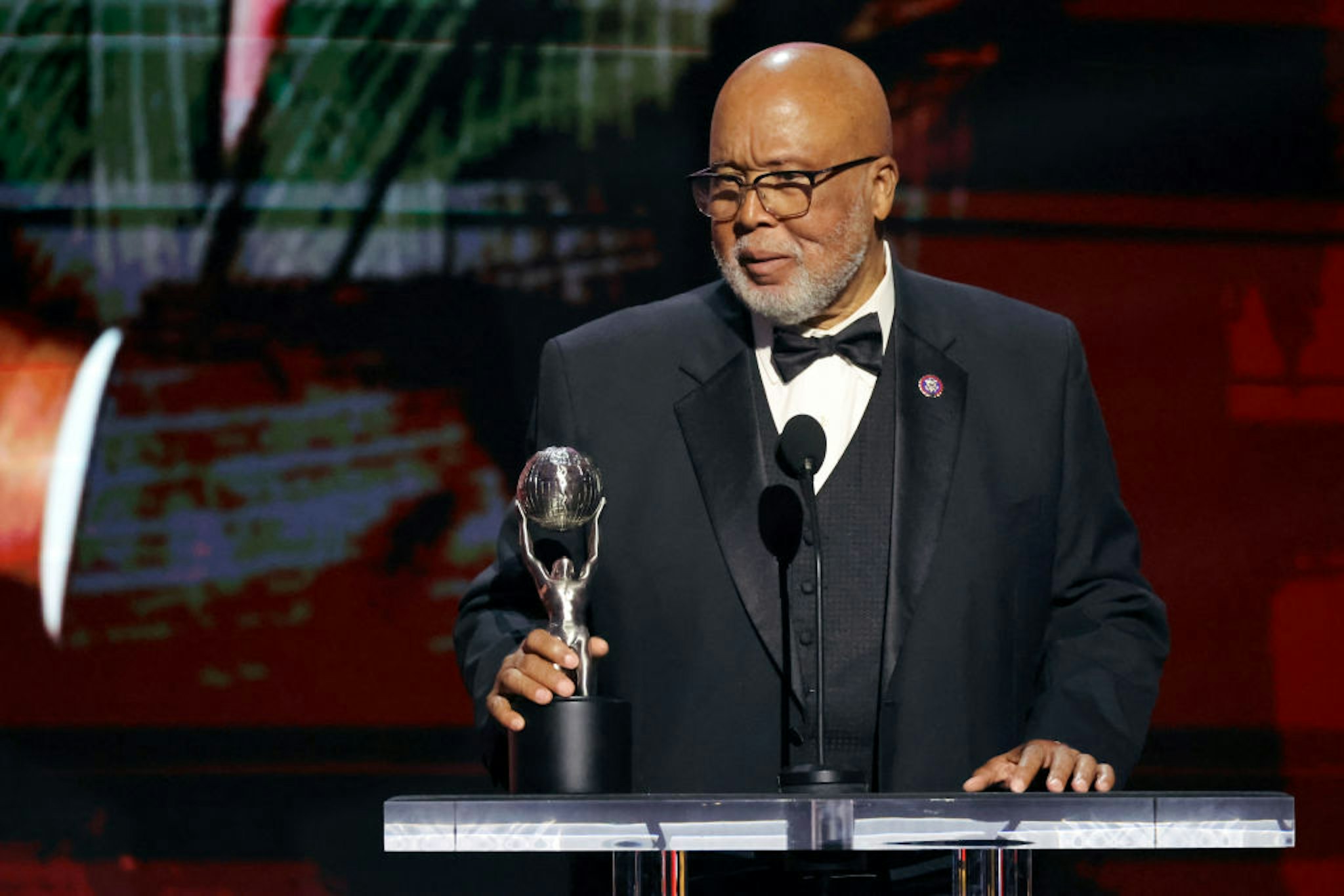 PASADENA, CALIFORNIA - FEBRUARY 25: Honoree United States Representative Bennie G. Thompson (D-MS) accepts the Chairman's Award onstage during the 54th NAACP Image Awards at Pasadena Civic Auditorium on February 25, 2023 in Pasadena, California. (Photo by Amy Sussman/Getty Images)