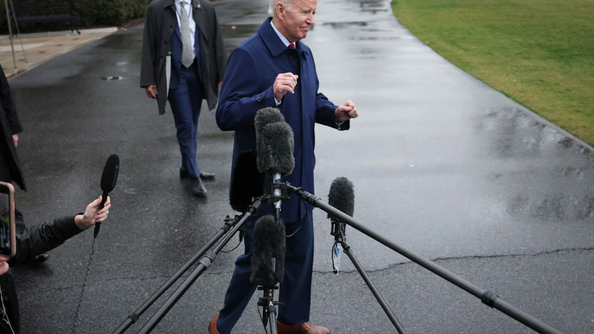 WASHINGTON, DC - MARCH 03: U.S. President Joe Biden speaks to reporters as he departs the White House March 3, 2023 in Washington, DC. Biden is scheduled to travel to his home in Wilmington, Delaware today. (Photo by
