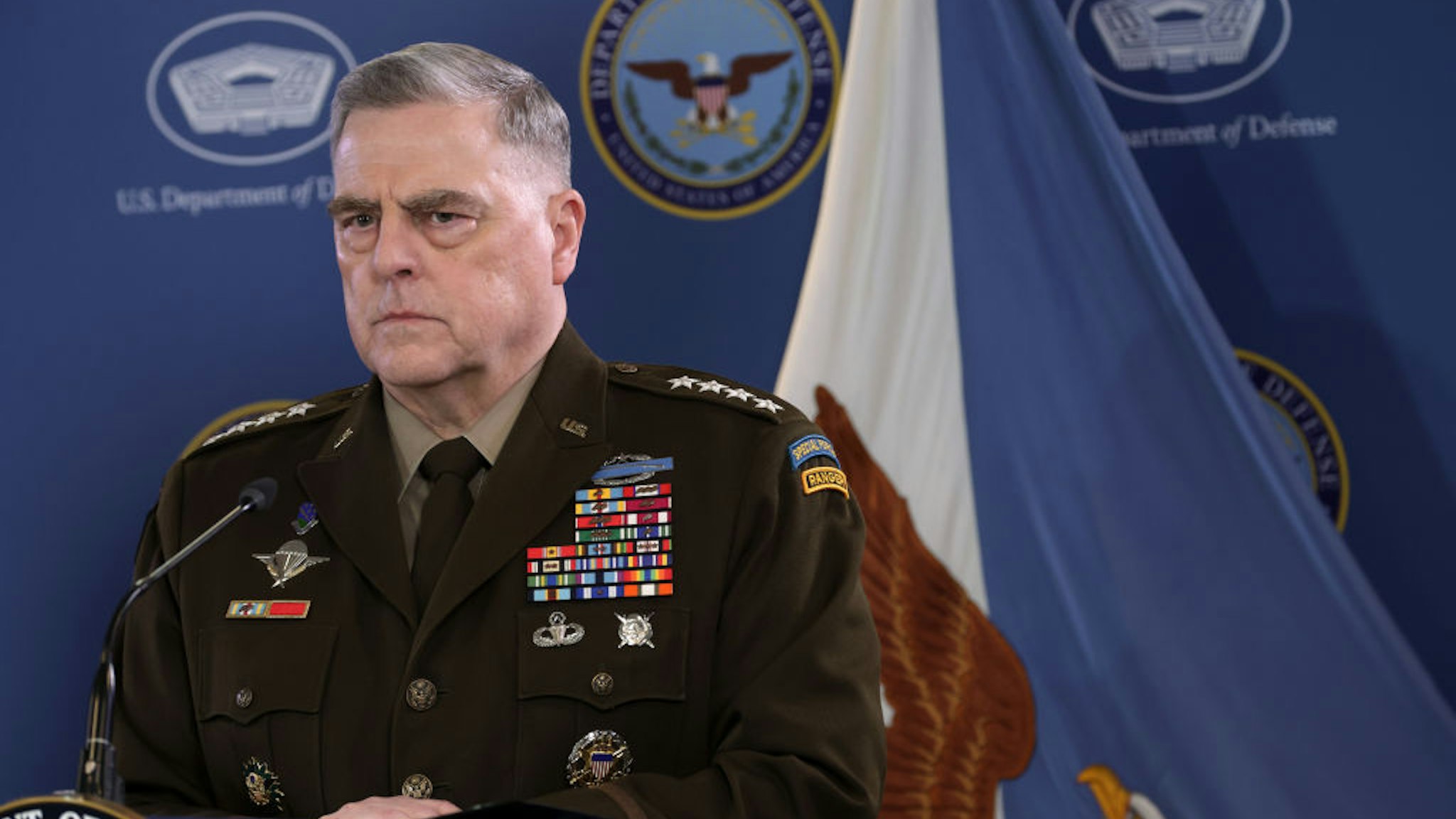ARLINGTON, VIRGINIA - MARCH 15: Chairman of the Joint Chiefs of Staff Army Gen. Mark Milley listens during a press conference at the Pentagon on March 15, 2023 in Arlington, Virginia. Gen. Milley and U.S. Secretary of Defense Lloyd Austin discussed various topics including the downing of an American MQ-9 Reaper drone in the Black Sea by Russian fighter jets. (Photo by Alex Wong/Getty Images)