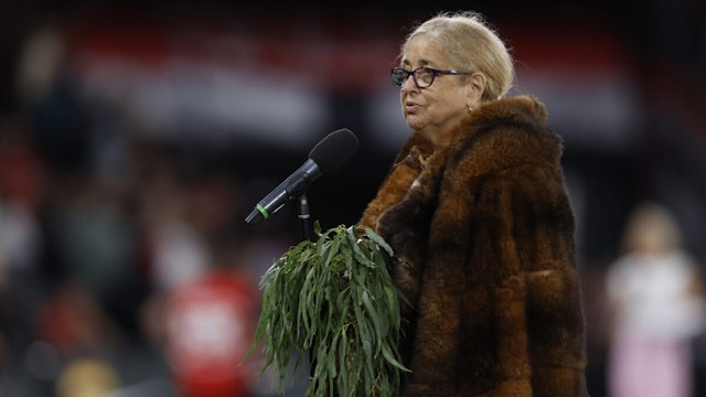 Senior Wurundjeri elder Aunty Joy Murphy Wandin of the Kulin Nation delivers a Welcome to Country before the round one AFL match between St Kilda Saints and Fremantle Dockers at Marvel Stadium, on March 19, 2023, in Melbourne, Australia.