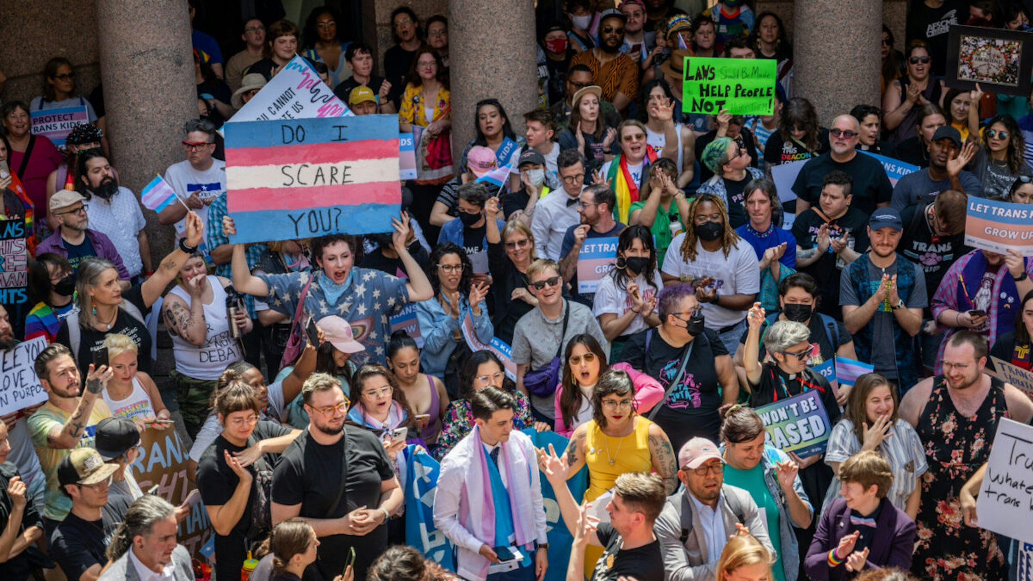 AUSTIN, TEXAS - MARCH 27: People protest bills HB 1686 and SB 14 during a 'Fight For Our Lives' rally at the Texas State Capitol on March 27, 2023 in Austin, Texas. Community members and activists gathered at the Capitol to protest the bills, which seek to limit healthcare to transgender youth.