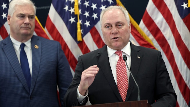 U.S. House Majority Leader Steve Scalise (R-LA) speaks at a press conference following a House Republican meeting at the U.S. Capitol on March 28, 2023 in Washington, DC.