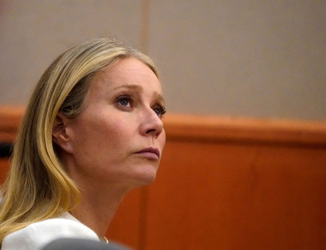 US actress Gwyneth sits in court, on March 22, 2023, in Park City, Utah where she is accused of injuring another skier, leaving him with a concussion and four broken ribs