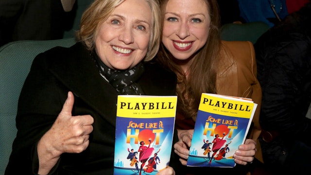 Hillary Clinton and Chelsea Clinton pose at the hit musical "Some Like it Hot" on Broadway at The Shubert Theater on March 14, 2023 in New York City