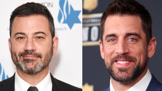 Jimmy Kimmel attends Simon Wiesenthal Center's 2019 National Tribute Dinner at The Beverly Hilton Hotel on April 10, 2019 in Beverly Hills, California. NFL Player Aaron Rodgers attends the NFL Honors at University of Minnesota on February 3, 2018 in Minneapolis, Minnesota.