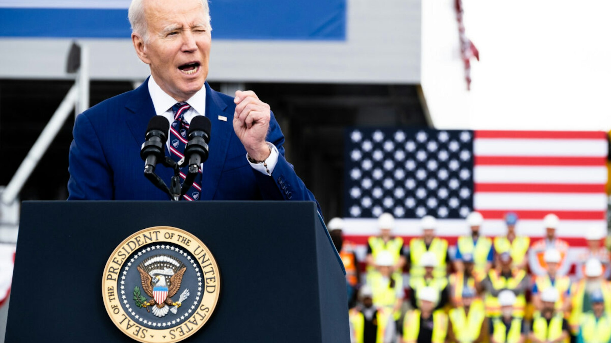US President Joe Biden speaks at Wolfspeed Inc. in Durham, North Carolina, US, on Tuesday, March 28, 2023. Wolfspeed, a manufacturer of semiconductors and chip components, has announced a $5 billion investment that will create 1,800 new jobs, according to a White House official.