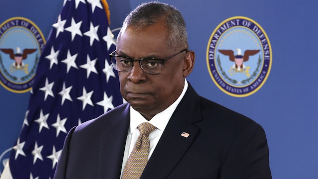 ARLINGTON, VIRGINIA - MARCH 15: U.S. Secretary of Defense Lloyd Austin listens during a press conference at the Pentagon on March 15, 2023 in Arlington, Virginia. Secretary Austin and Chairman of the Joint Chiefs of Staff Gen. Mark Milley discussed various topics including the downing of an American MQ-9 Reaper drone in the Black Sea by Russian fighter jets. (Photo by Alex Wong/Getty Images)