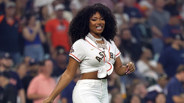 Megan Thee Stallion throws out the first pitch as the Houston Astros play the Chicago White Sox on Opening Day at Minute Maid Park on March 30, 2023 in Houston, Texas.
