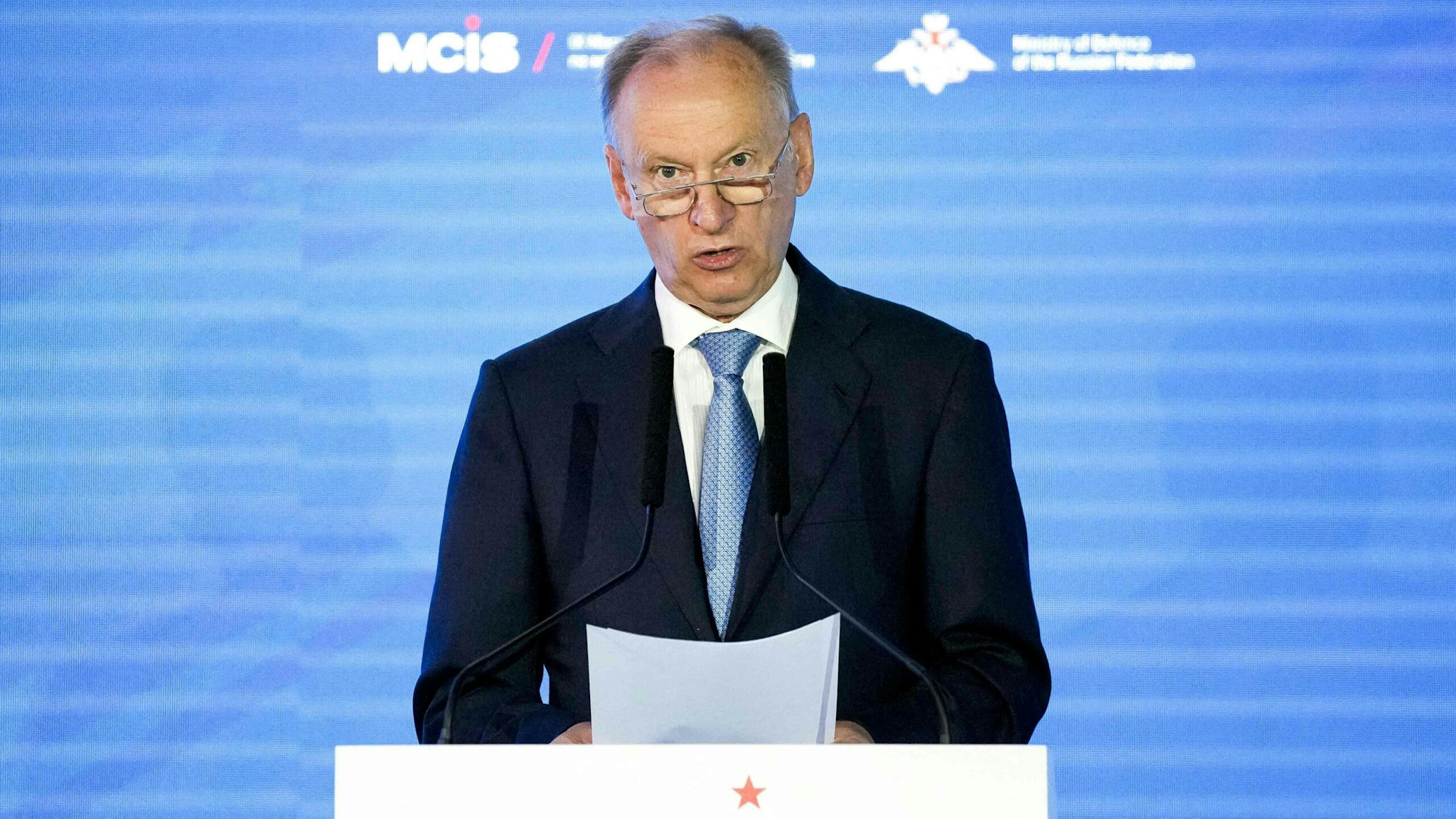 Russia's security council secretary Nikolai Patrushev delivers a speech at the IX Moscow conference on international security in Moscow on June 24, 2021.