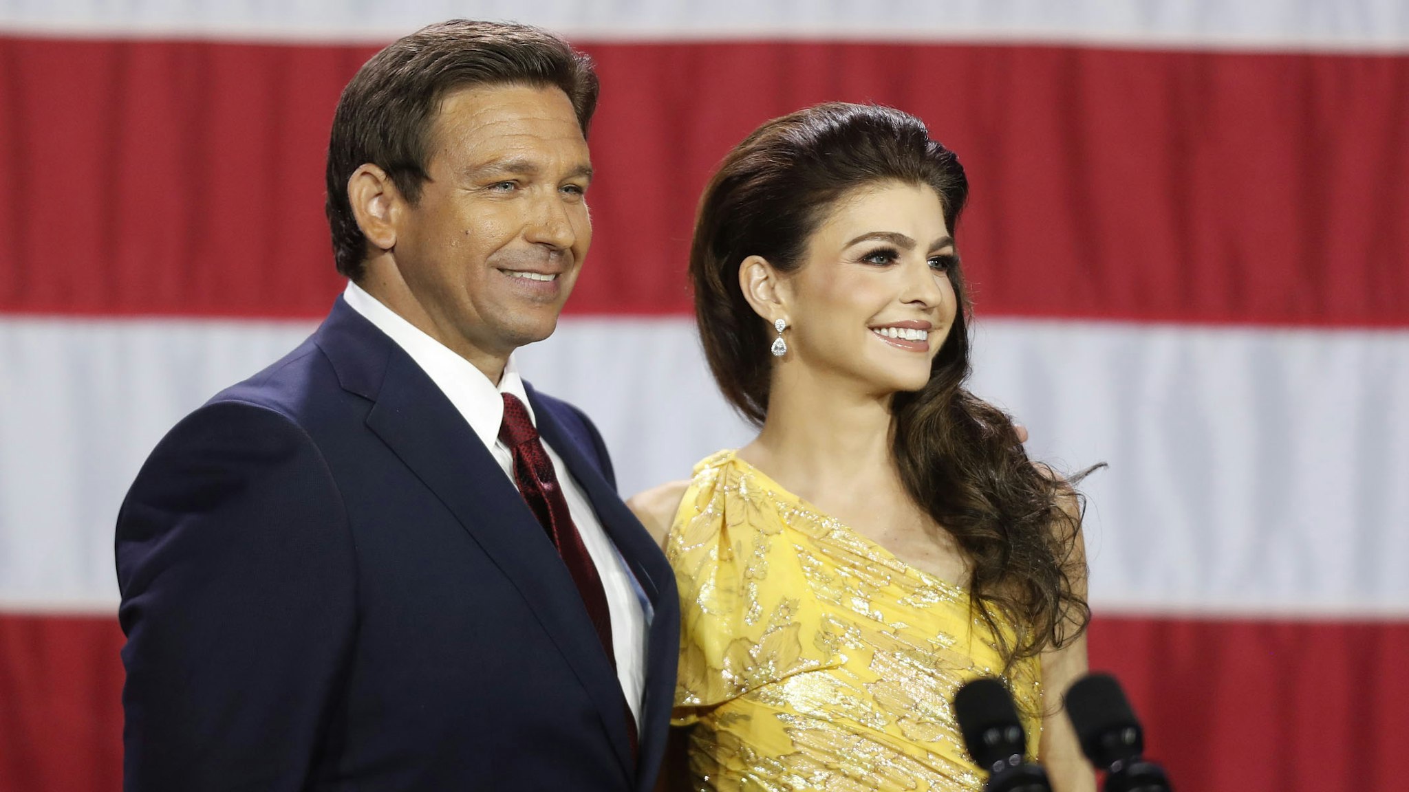 TAMPA, FL - NOVEMBER 08: Florida Gov. Ron DeSantis and his wife Casey DeSantis celebrate his victory over Democratic gubernatorial candidate Rep. Charlie Crist during an election night watch party at the Tampa Convention Center on November 8, 2022 in Tampa, Florida. DeSantis was the projected winner by a double-digit lead.