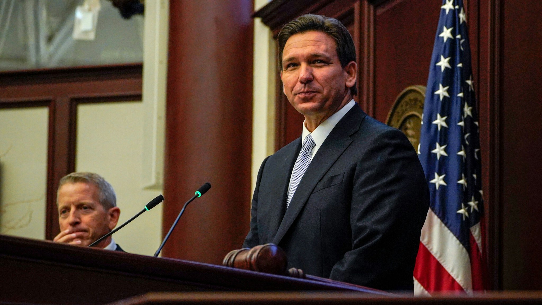 Florida Governor Ron DeSantis delivers the "State of the State" address at the Florida State Capitol in Tallahassee, Florida, on March 7, 2023. - DeSantis positioned himself Tuesday as the leading Republican alternative to White House candidate Donald Trump, launching a legislative session that offers red meat for the ex-president's base as the party's rising star weighs his own 2024 campaign.