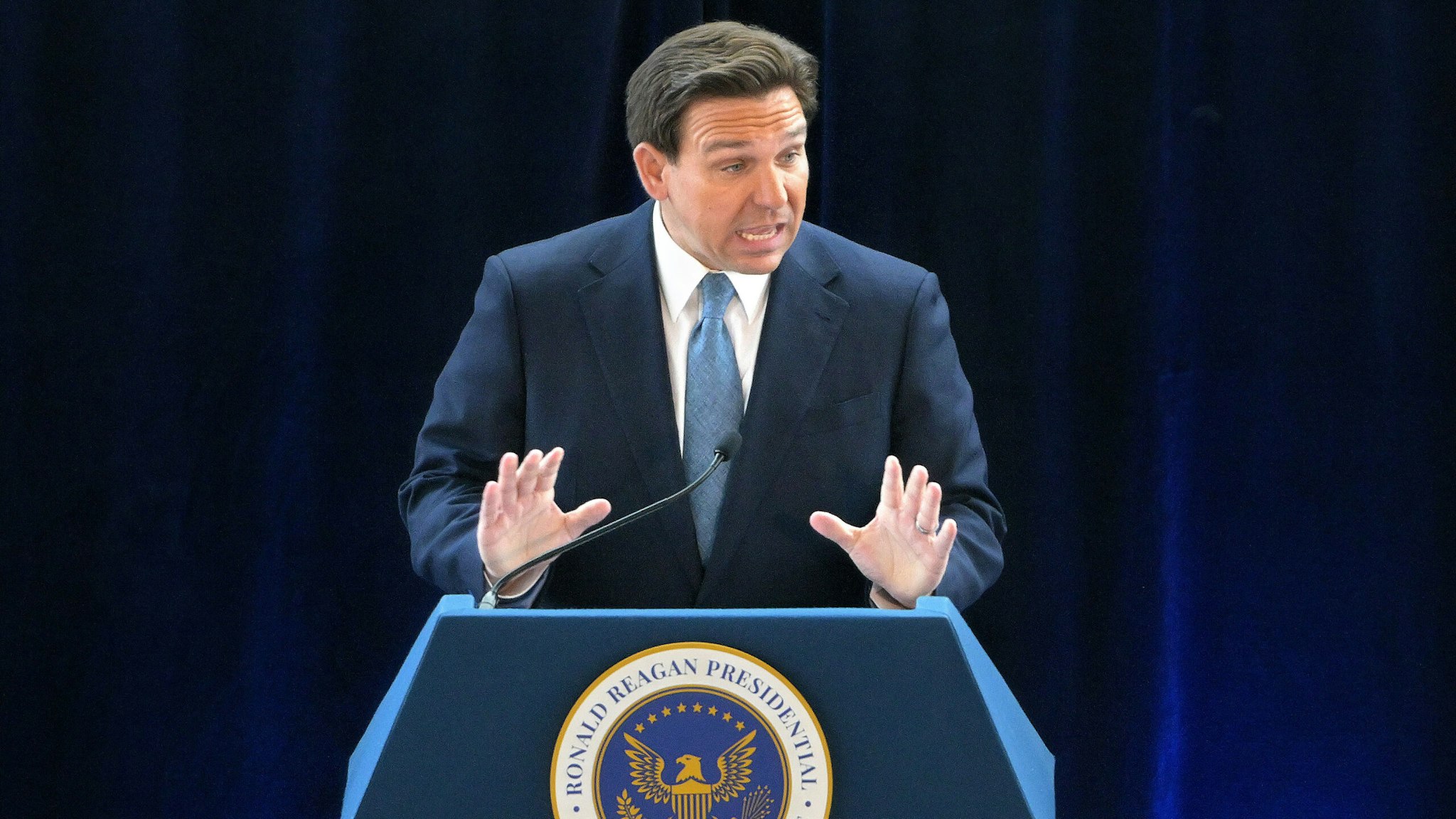 Simi Valley, California March 5, 2023-Florida Governor Ron DeSantis speaks to donors at the Ronald Reagan Library Sunday in Simi Valley.