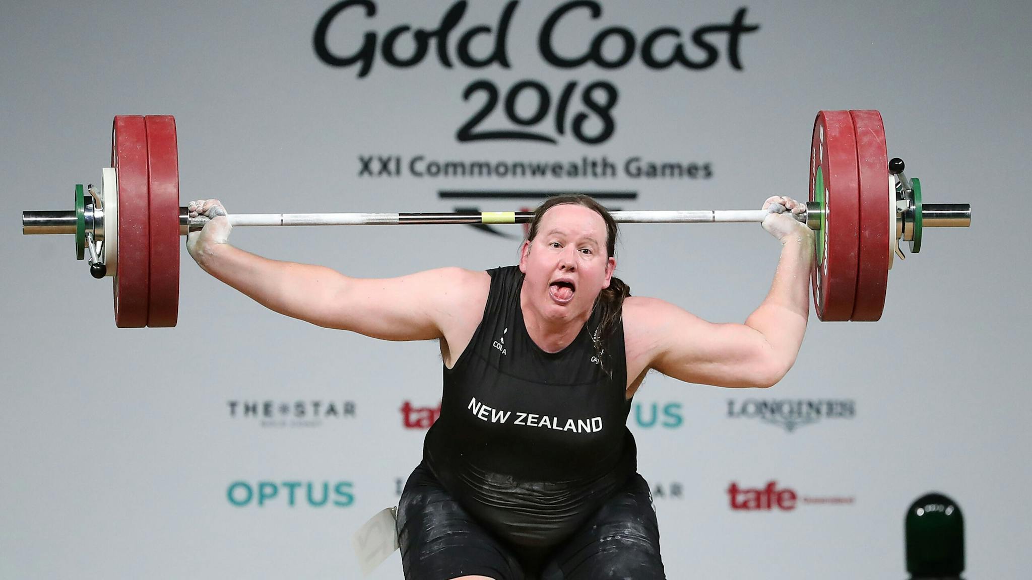 Weightlifting – Commonwealth Games Day 5 GOLD COAST, AUSTRALIA - APRIL 09: Laurel Hubbard of New Zealand reacts as she drops the bar in the Women's +90kg Final during the Weightlifting on day five of the Gold Coast 2018 Commonwealth Games at Carrara Sports and Leisure Centre on April 9, 2018 on the Gold Coast, Australia.