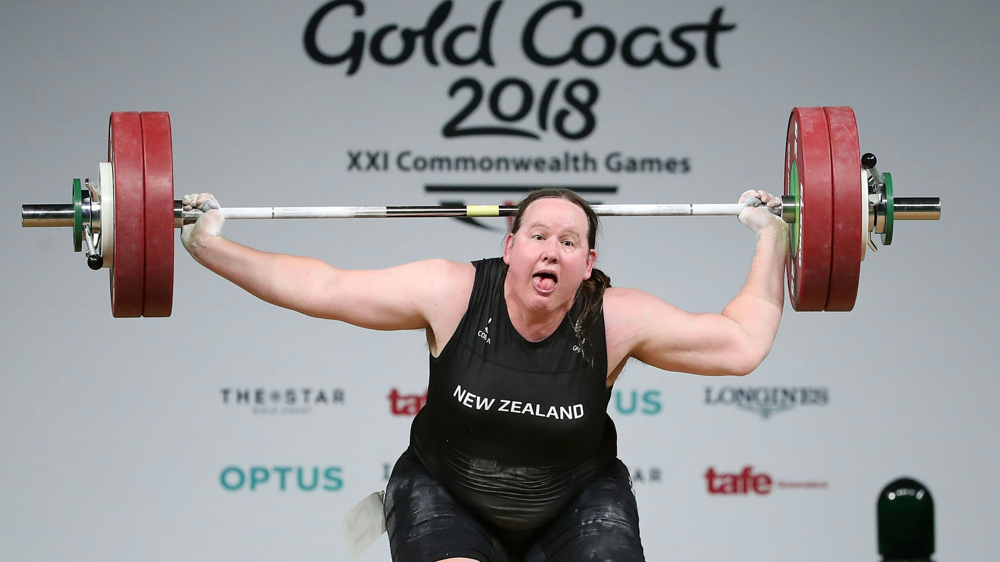 GOLD COAST, AUSTRALIA - APRIL 09: Laurel Hubbard of New Zealand reacts as she drops the bar in the Women's +90kg Final during the Weightlifting on day five of the Gold Coast 2018 Commonwealth Games at Carrara Sports and Leisure Centre on April 9, 2018 on the Gold Coast, Australia.