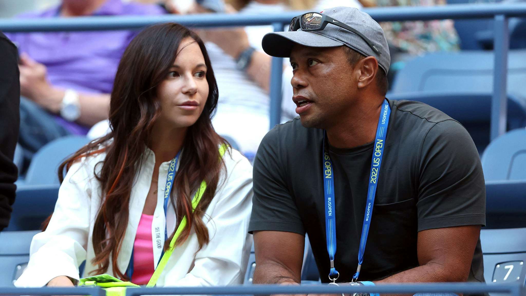 NEW YORK, NEW YORK - AUGUST 31: Erica Herman and Tiger Woods look on prior to the Women's Singles Second Round match between Anett Kontaveit of Estonia and Serena Williams of the United States on Day Three of the 2022 US Open at USTA Billie Jean King National Tennis Center on August 31, 2022 in the Flushing neighborhood of the Queens borough of New York City.