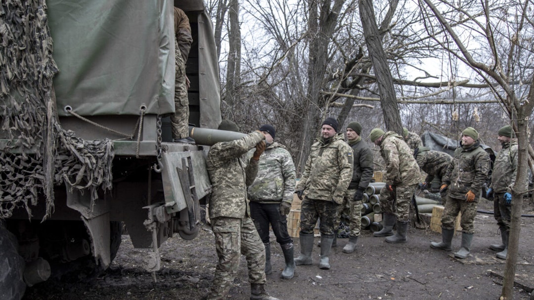 Ukrainian servicemen of the artillery unit unload rounds of ammunition in a position nearby Bakhmut as the Russia-Ukraine war continues in Chasiv Yar, Ukraine on March 18, 2023