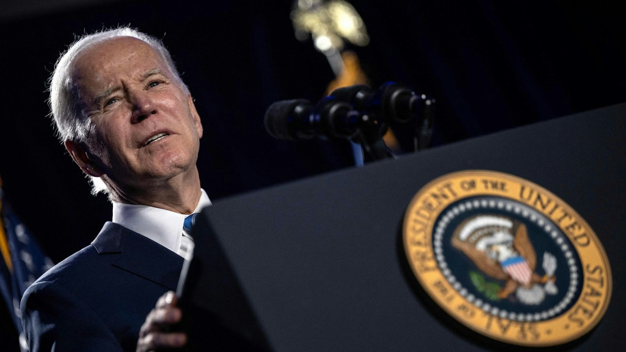 US President Joe Biden speaks during the House Democratic Caucus Issues Conference at the Hyatt Regency Inner Harbor in Baltimore, Maryland, on March 1, 2023.
