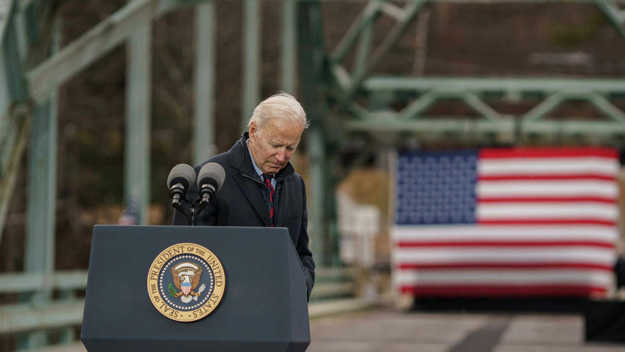 WOODSTOCK, NH - NOVEMBER 16: US President Joe Biden delivers a speech on infrastructure while visiting the NH 175 bridge spanning the Pemigewasset River on November 16, 2021 in Woodstock, New Hampshire. The visit to the bridge, listed in poor condition since 2013, follows the signing of the $1.2 trillion infrastructure bill on Monday.
