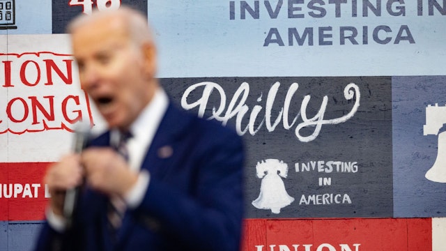 US President Joe Biden speaks at the Finishing Trades Institute in Philadelphia, Pennsylvania, US, on Thursday, March 9, 2023. Biden's budget request is proposing a series of new tax increases on billionaires, rich investors and corporations in his latest proposal for how Congress should prioritize taxes and spending.