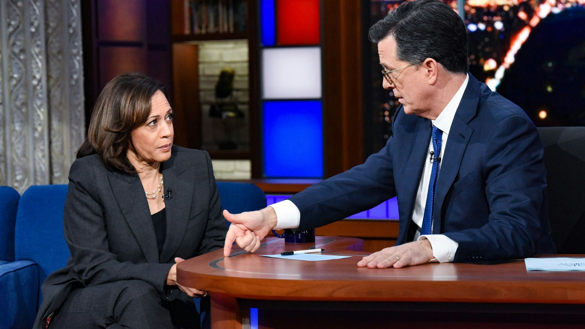 The Late Show with Stephen Colbert and guest Sen. Kamala Harris during Thursday's November 21, 2019 show.