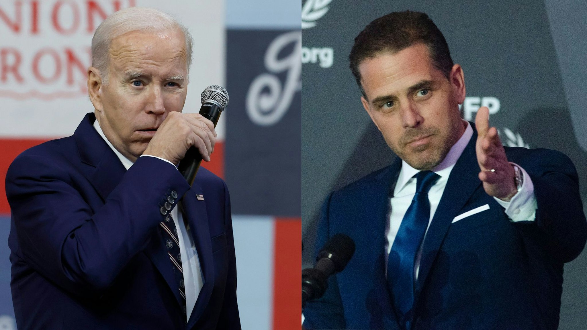 WASHINGTON, DC - APRIL 12: WFP USA Board Chair Hunter Biden speaks during the World Food Program USA's 2016 McGovern-Dole Leadership Award Ceremony at the Organization of American States on April 12, 2016 in Washington, DC. PHILADELPHIA, PENNSYLVANIA - MARCH 09: U.S. President Joe Biden pauses to cough while talking about his proposed FY2024 federal budget during an event at the Finishing Trades Institute on March 09, 2023 in Philadelphia, Pennsylvania. Seen as a preview to his re-election platform, Biden's proposed budget is projected to cut the deficit by $3 trillion over the next 10 years but will find no support in the Republican-controlled House of Representatives.