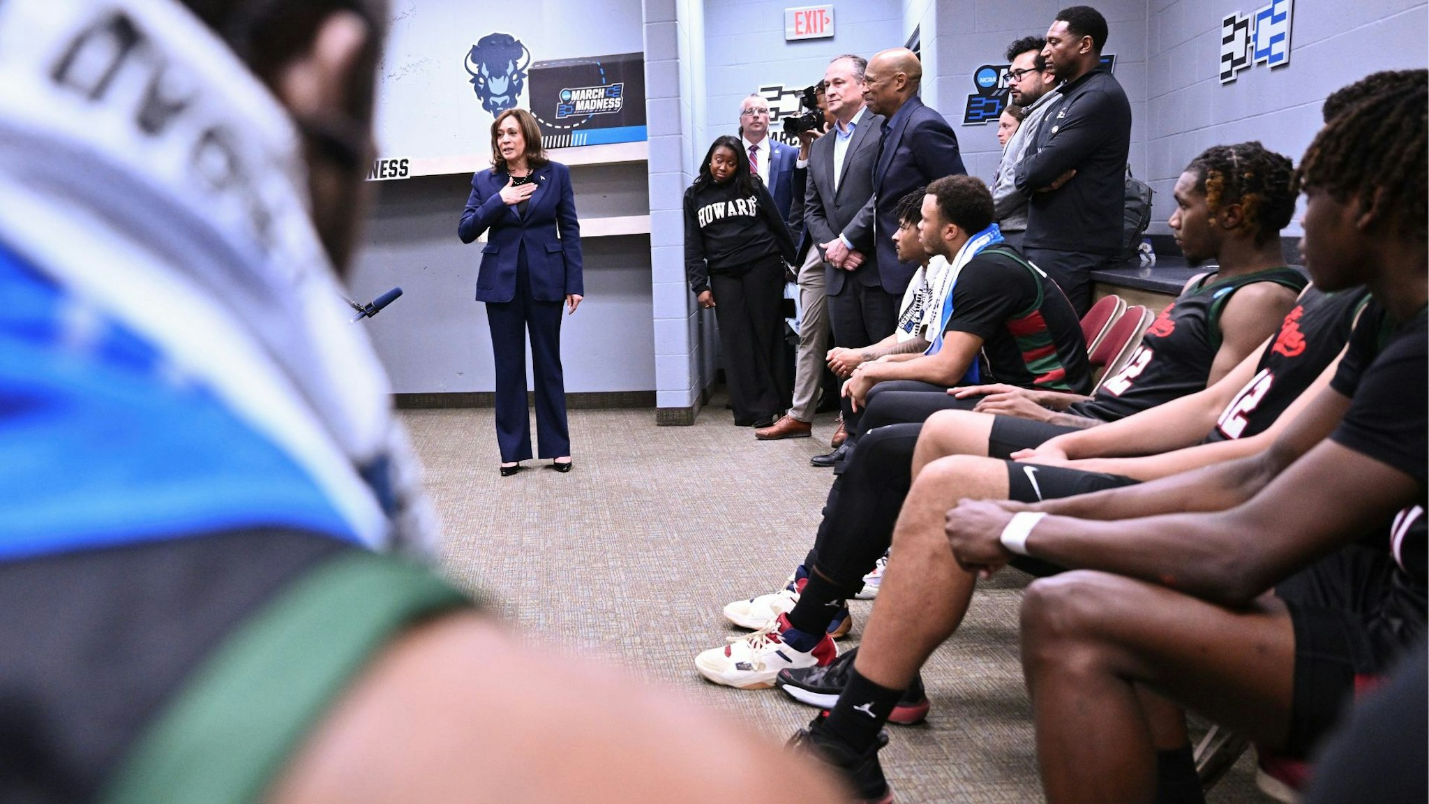 DES MOINES, IA - MARCH 16: U.S. Vice President Kamala Harris and her husband Douglas Emhoff visit the Howard Bison locker room following their 96-68 loss to the Kansas Jayhawks during the first round of the 2023 NCAA Men's Basketball Tournament held at Wells Fargo Arena on March 16, 2023 in Des Moines, Iowa.