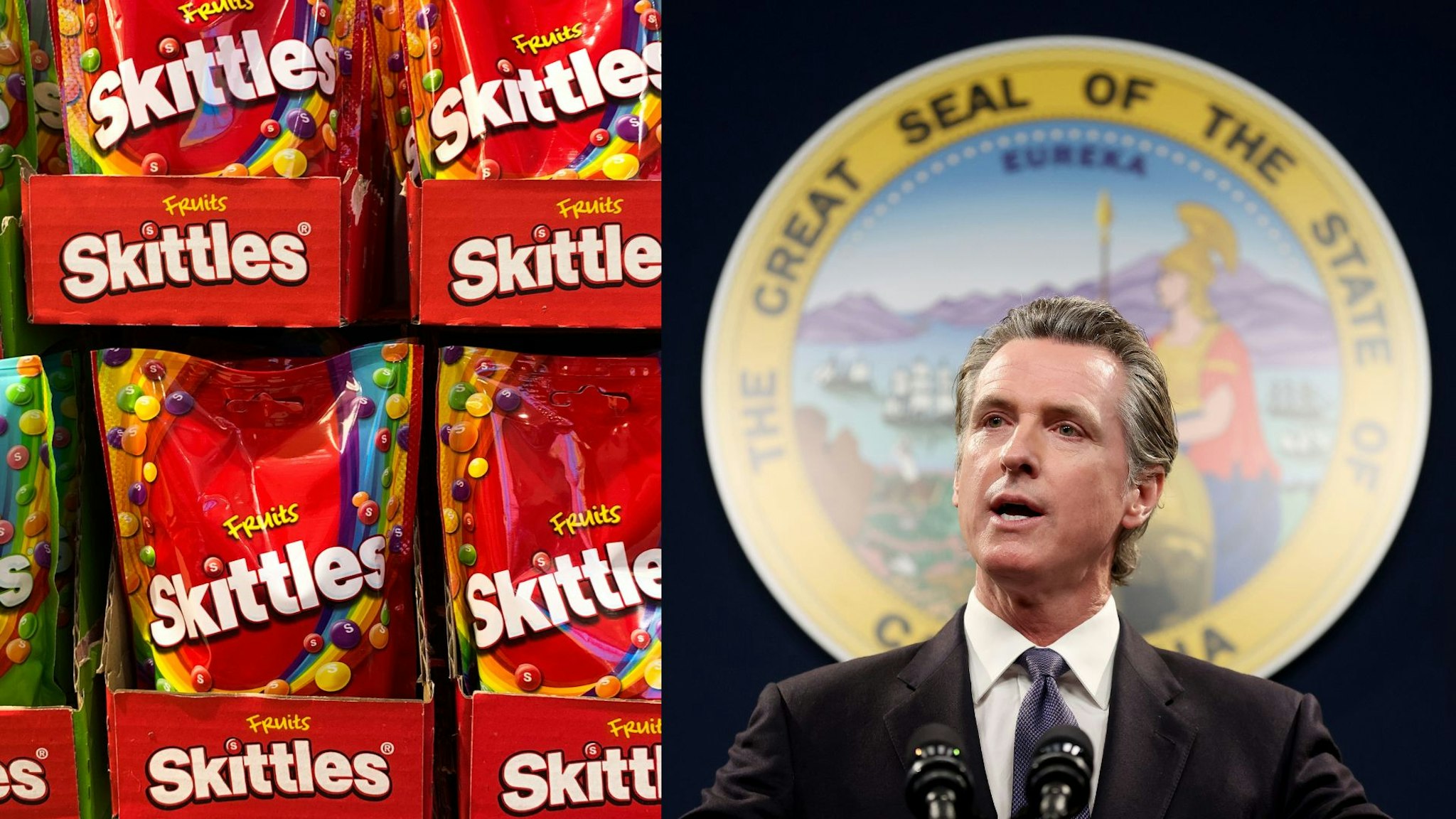 Skittles candies are seen in the shop in Milan, Italy on October 6, 2021. SACRAMENTO, CALIFORNIA - FEBRUARY 01: California Gov. Gavin Newsom speaks during a press conference on February 01, 2023 in Sacramento, California. California Gov. Gavin Newsom, state Attorney General Rob Bonta, state Senator Anthony Portantino (D-Burbank) and other state leaders announced SB2 - a new gun safety legislation that would establish stricter standards for Concealed Carry Weapon (CCW) permits to carry a firearm in public. The bill designates "sensitive areas," like bars, amusement parks and child daycare centers where guns would not be allowed.
