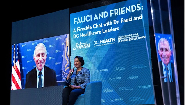 WASHINGTON, DC - JUNE 11: Washington DC Mayor Murial Bowser participates in a virtual meeting with Director of the U.S. National Institute of Allergy and Infectious Diseases Dr. Anthony Fauci at the Town Hall Education Arts Recreation Campus on June 11, 2021 in Washington, DC. Fauci spoke on the urgency to get all eligible individuals vaccinated against COVID-19.