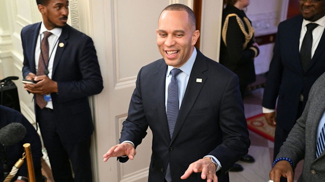 US House Minority Leader Hakeem Jeffries (D-NY) arrives for a reception celebrating Black History Month, in the East Room of the White House in Washington, DC, on February 27, 2023.