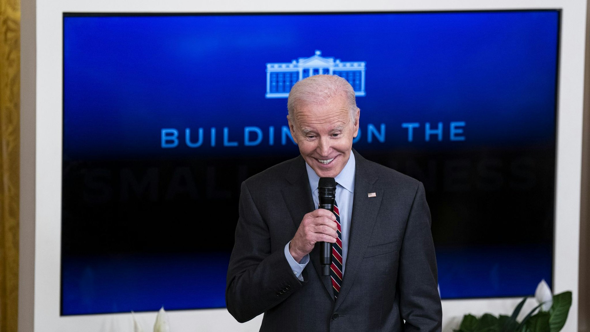 US President Joe Biden speaks during the US Small Business Administration (SBA) Women's Business Summit in the East Room of the White House on Monday, March 27, 2023. Biden at the event again called on Congress to ban assault weapons and take other steps to address gun violence following another deadly school shooting, this time in Nashville, Tennessee.